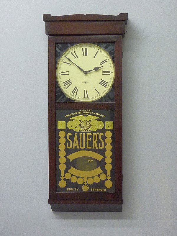 SIGNED (NEW HAVEN CLOCK COMPANY) WITH DOOR ADVERTI: SIGNED (NEW HAVEN CLOCK COMPANY) WITH DOOR ADVERTISING FOR (SAUERS BRAND)- H 42"- CIRCA 1880