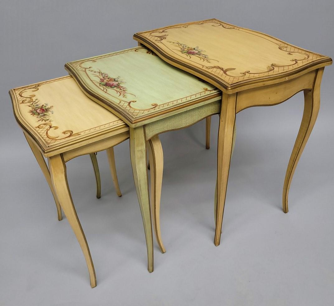 Circa 1950's Floral Painted French Style Nesting Tables - largest h 27" w 26" d 17".  Smallest table (1 of 6)