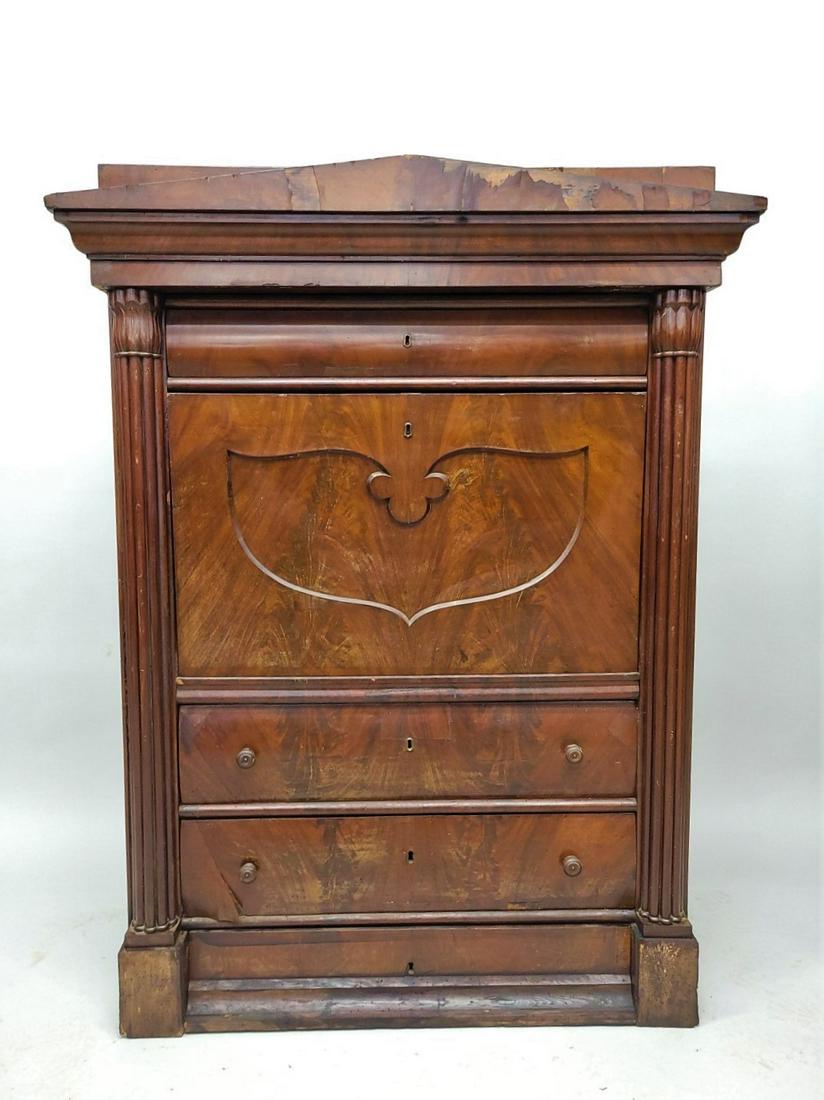 Circa 1830's Empire Dropfont Secretaire-a-Abattant done in crotch Mahogany. All hand made. Found in: Circa 1830's Empire Dropfont Secretaire-a-Abattant done in crotch Mahogany. All hand made. Found in Hasting MN estate. As found condition. Needs veneer work. Fantastic when done. Hgt 62" w 47" d 22.5"