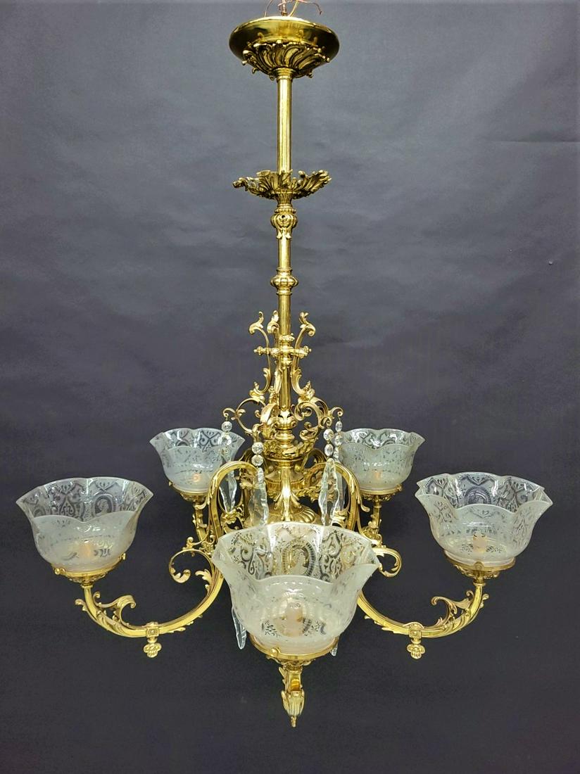 Circa 1870's Solid Brass 5 Arm Gas Chandelier/gasolier  with Antique Etched Portrait Face Shades - (1 of 10)