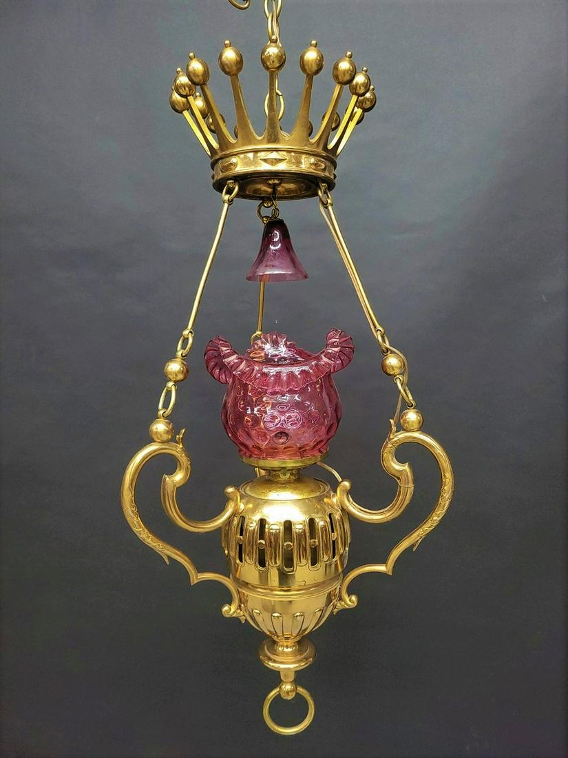 Circa 1880's Cast Bronze Oil Lamp w/Crown Top & Cranberry Glass. Hgt 36" width . 17".  Very heavy (1 of 4)