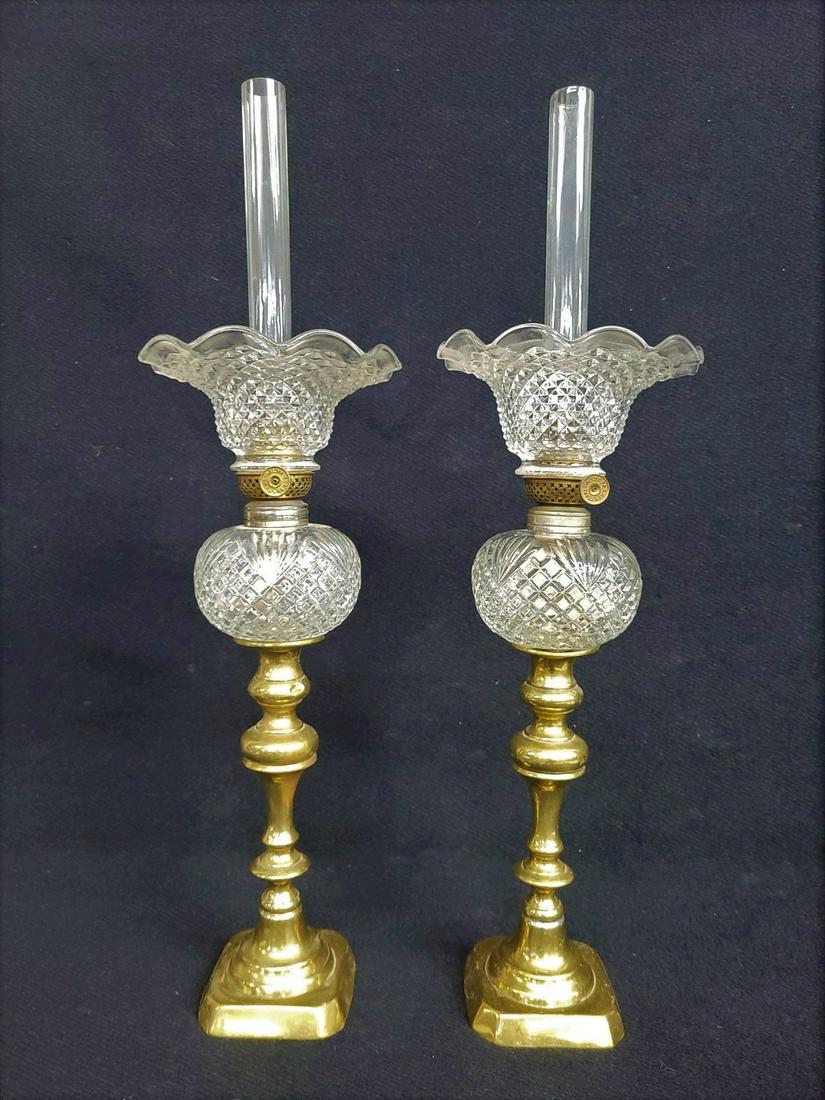Circa 1850's Pair of early crystal peg lamps with shades & P & A Victor burners - hgt 22.5" dia. 6". (1 of 5)