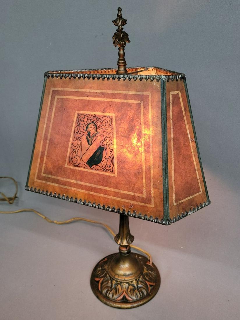 C 1920's Metal & Floral Lamp with Antique Mica Shade - has great original paint and condition. Hgt (1 of 8)