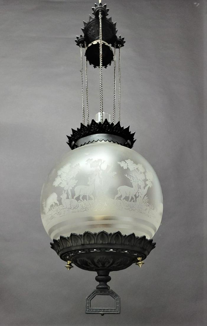 Circa 1870's Cast Iron adjusting Hall Oil Lamp -  has great deer scenic antique glass shade.  h 32 (1 of 6)