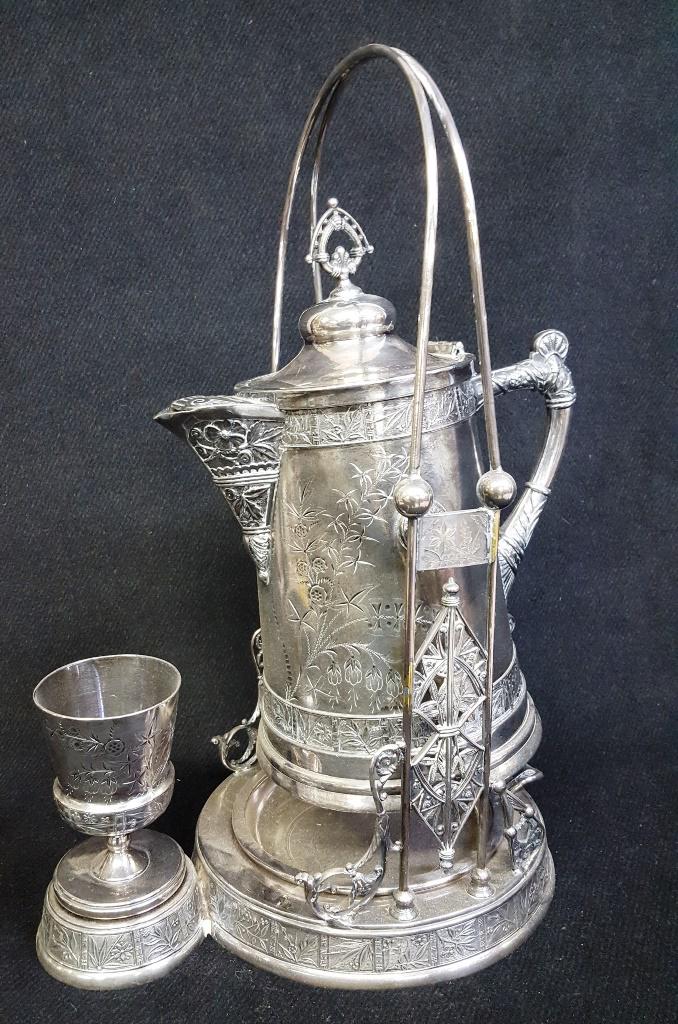 Circa 1880's Aesthetic Silver Plate Tilting Pitcher signed Pairpoint Mfg Co.- has porcelain interior (1 of 5)