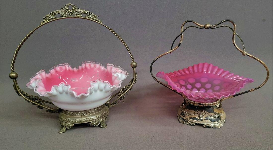 Two Bride's Baskets one cased glass pink to white and one opalesent coin spot with ruffled edge. (1 of 3)