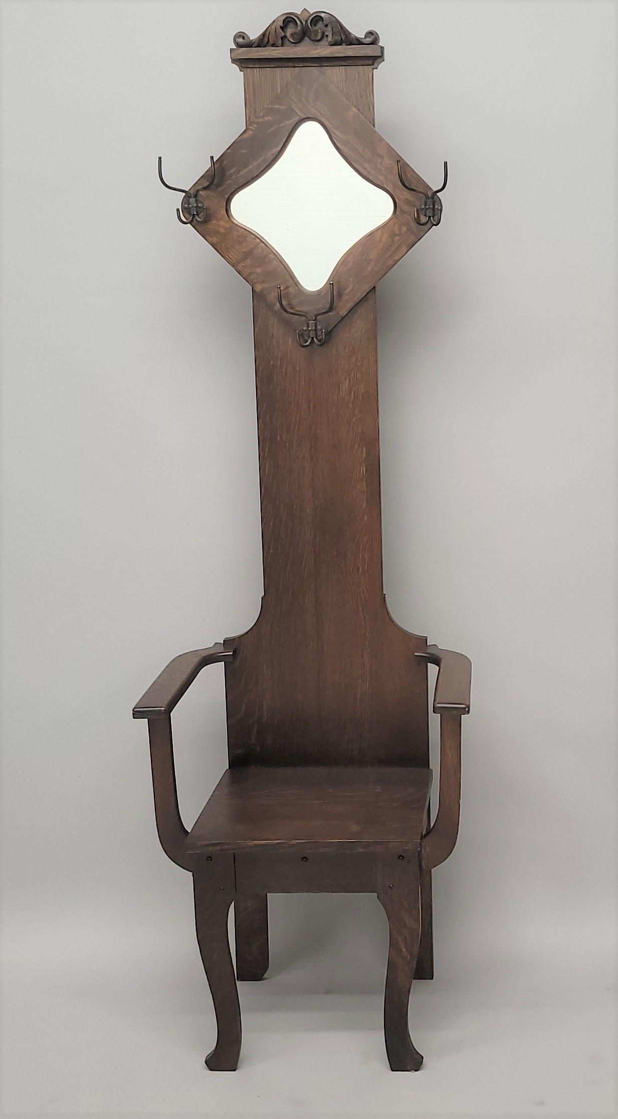 Circa 1900 Oak Halltree with Seat & Arms plus carved mirror and hooks.  Has original finish. Hgt 75" (1 of 3)