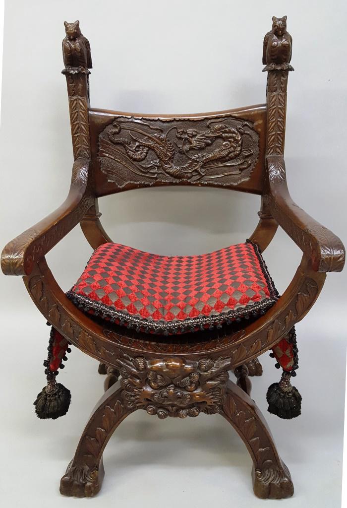 Renaissance-Style Mahogany Savonarola Chair  - Circa 1900 - each stile with an owl-carved finial, (1 of 7)