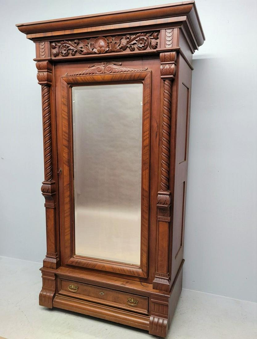 Massive 1870's Burl Walnut Bevel Mirror Armoire with carved & burled walnut decoration (American (1 of 5)