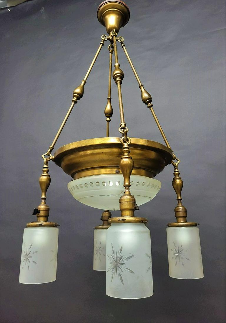 Circa 1920's Cut Glass 5 Shade Brass Chandelier - hgt 38" dia. 18". Found in Rochester MN home.  All (1 of 5)