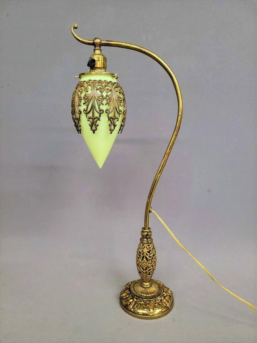 Unique C 1910 Brass Decorator Lamp with ornate stem and vaseline shade with matching decoration. (1 of 4)
