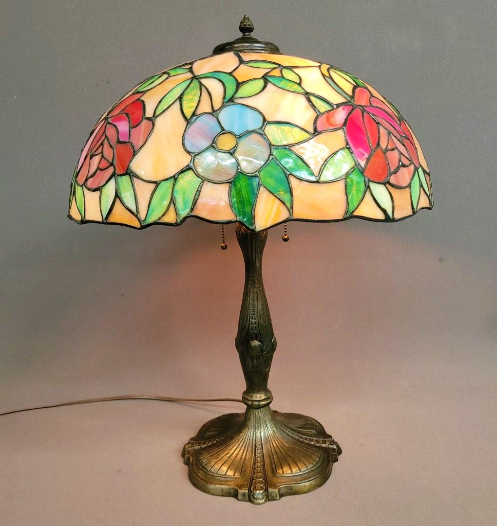Circa 1915 Floral Leaded Glass Lamp on Cast Base. Sockets dated 1909. Hgt 25" shade dia. 18". Good (1 of 9)