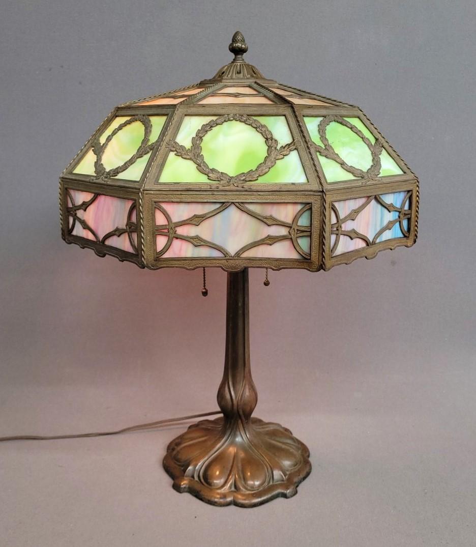 Circa 1920's High Quality Slag Glass Panel Lamp with 24 individual panel set in heavy duty frame. (1 of 9)
