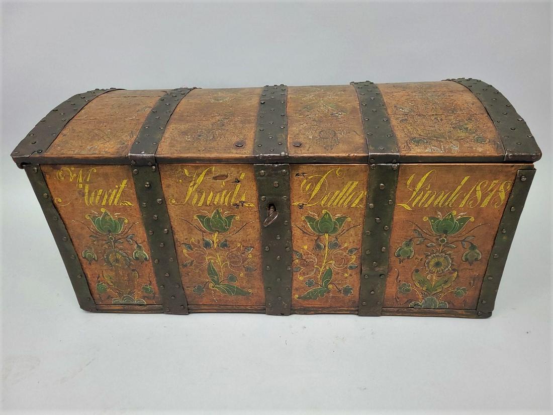 Norwegian Rosemaled Immigrant Trunk dated 1848 & signed.  Has fantastic original hand made iron (1 of 8)