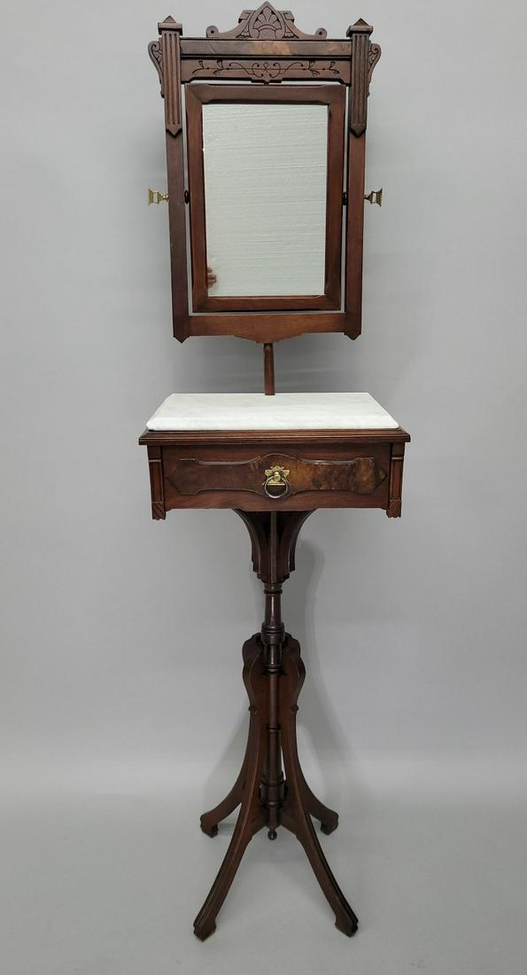 C 1880 Burl Walnut Marble Top Shaving Stand with tilting mirror & drawer - hgt 71" w 18" d 12" . (1 of 3)