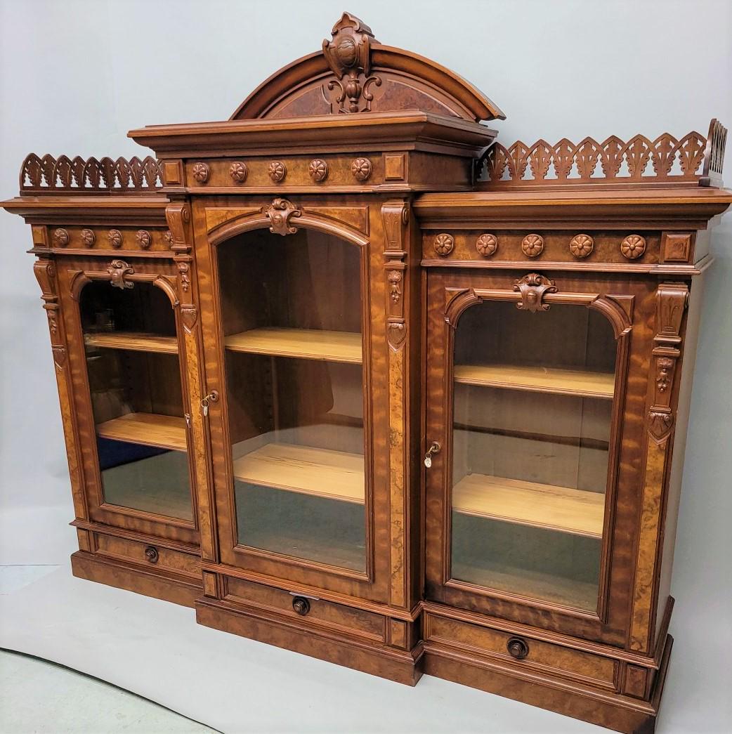 Circa 1875 Burl Walnut American 3 door Bookcase/ Curio with extensive trim & unique décor. Very (1 of 5)