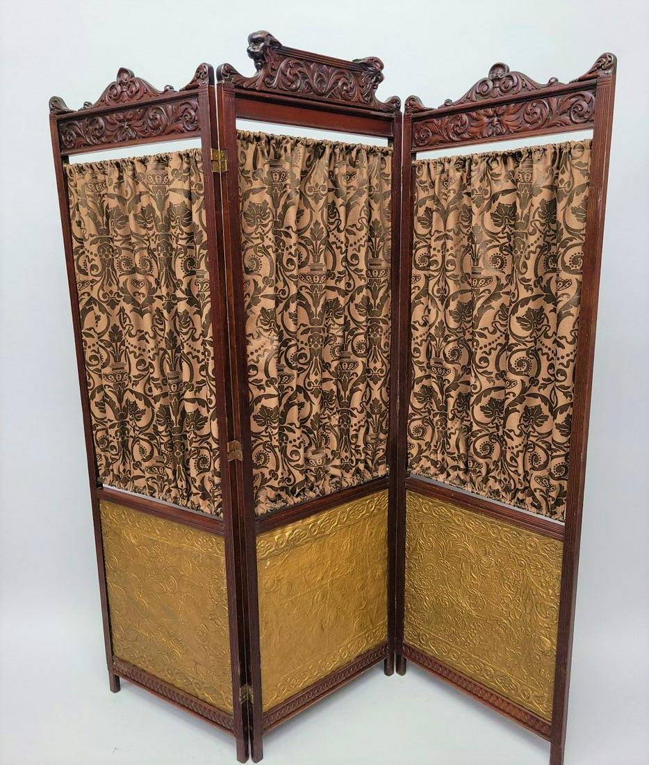 Circa 1880's Lion Carved Mahogany 3 fold Screen with original pressed design below & damask fabric (1 of 6)