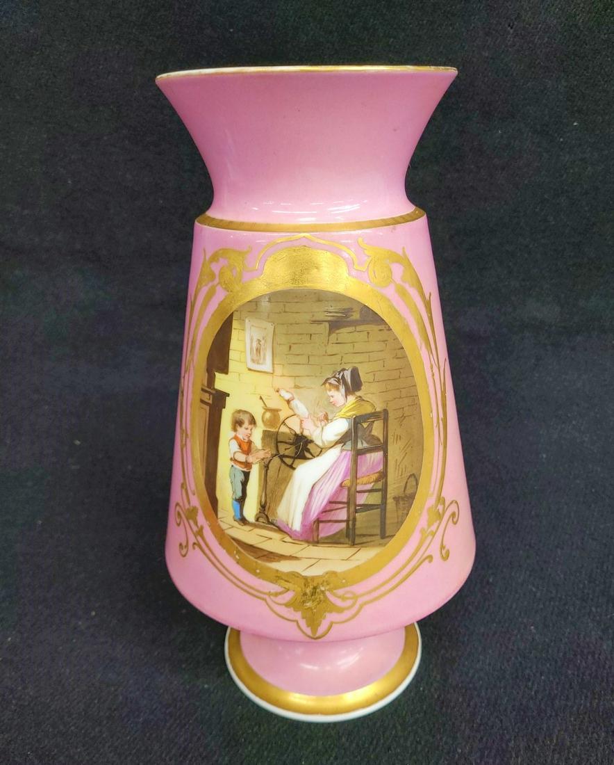 Circa 1860's Old Paris Porcelain Vase with Scene of Woman & Child Spinning Thread. Hgt 13" dia. 7".: Circa 1860's Old Paris Porcelain Vase with Scene of Woman & Child Spinning Thread. Hgt 13" dia. 7". Good condition overall for age. Some wear on the gold leaf.