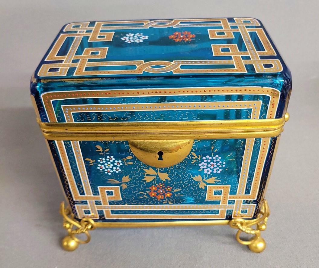 Exceptional Moser Blue Opalene Jewelery Casket with extensive enamel decoration. Gilt brass mounts (1 of 6)