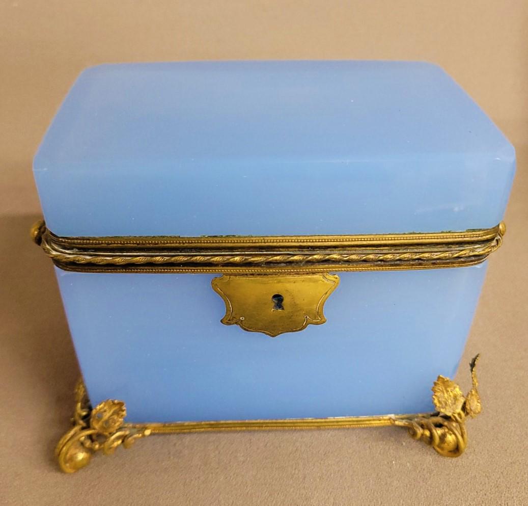 Antique Moser Blue Opaline Glass Rectangular Casket Box with Smooth Dore Bronze Mounts and Lift (1 of 6)