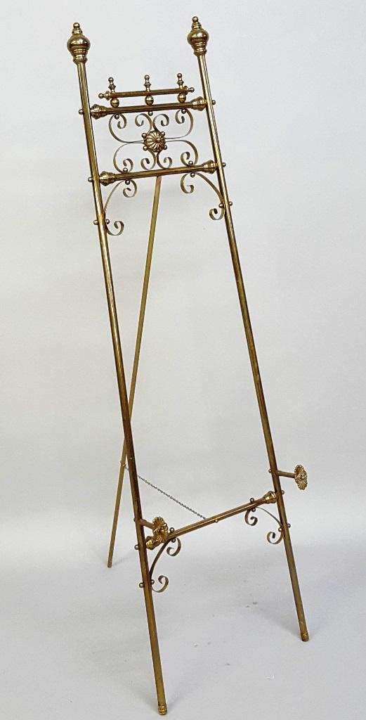 Circa 1900 Ornate Brass Easel - hgt. 64" w 19". Good original finish.  Found in Galesville WI (1 of 4)
