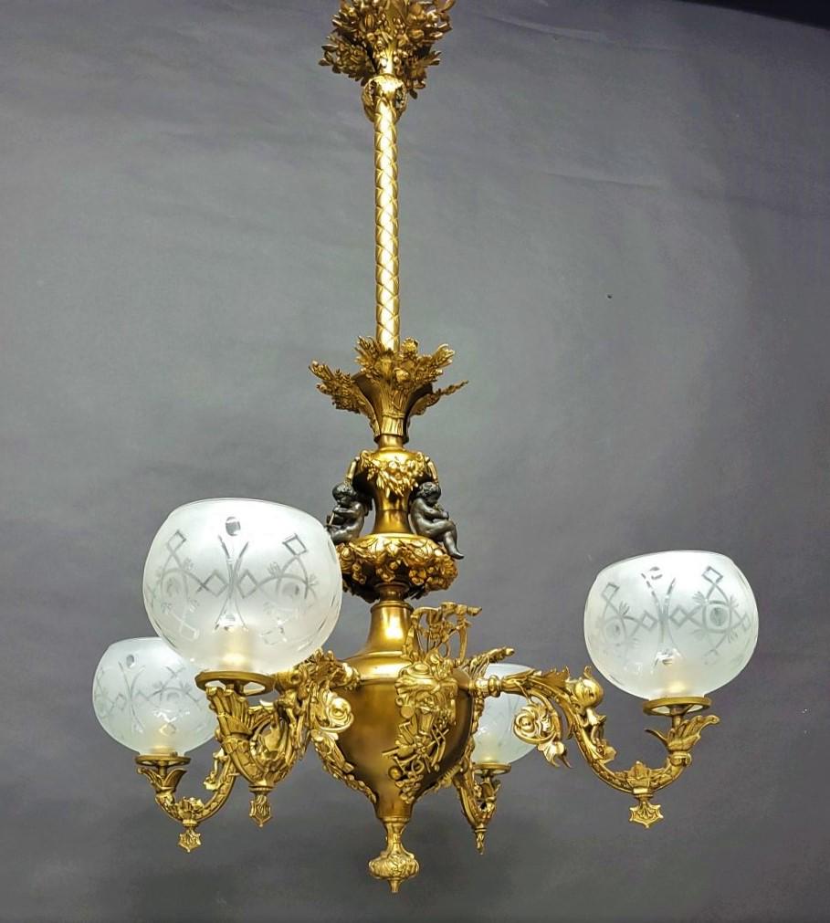 Rare 4 Arm1850's Rococo Gas Chandelier with Putti Playing Horns.  Figural Gasolier. (1 of 9)