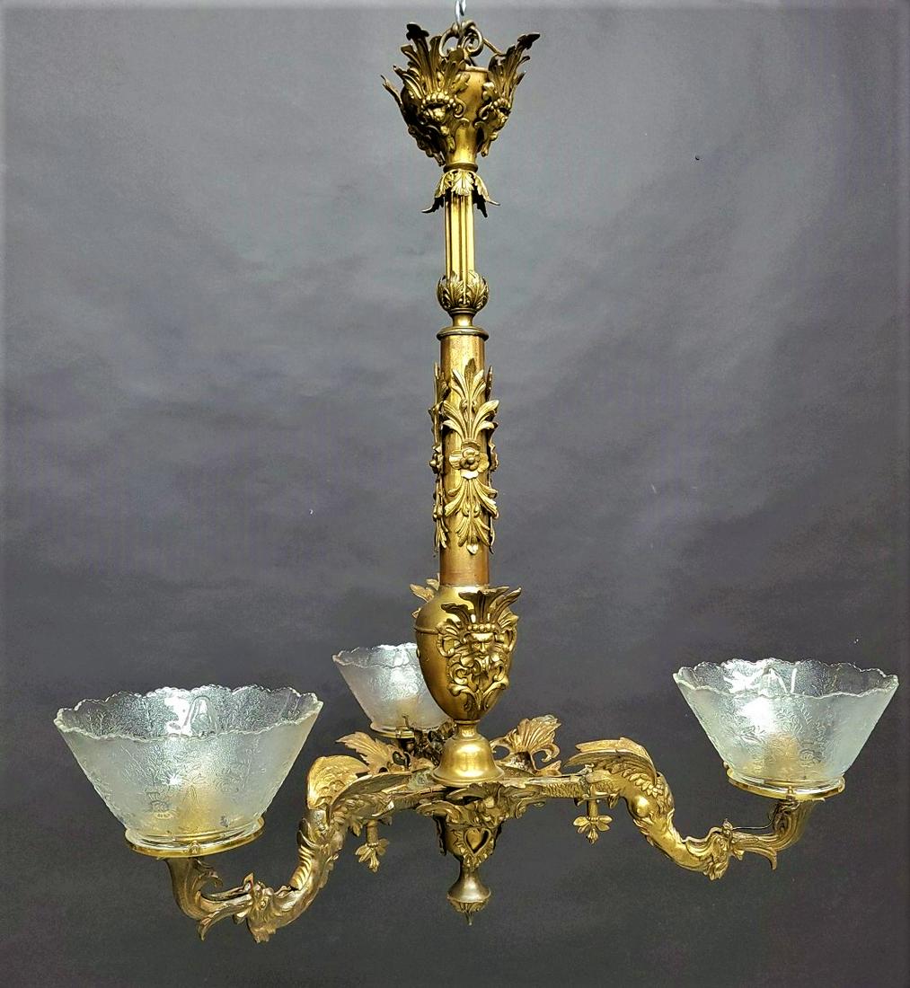 Circa 1860's 3 Arm Gas Fixture w/ figural winged dragons forming arms, Attr. To Cornelius & Baker (1 of 7)