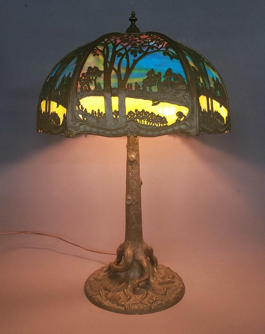 Fantastic Forest Scenic Sunset Tree Trunk Base Slag Glass Lamp. Circa 1920's. hgt 29" shade 18". (1 of 10)
