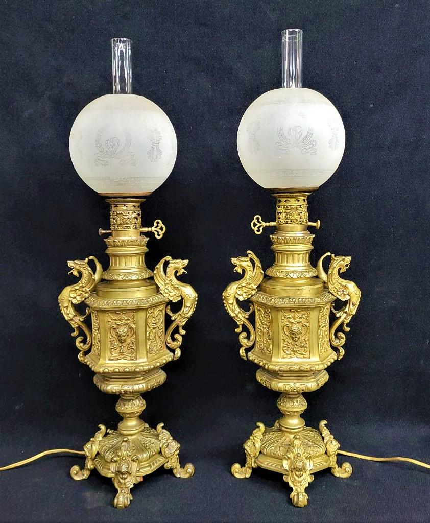 Circa 1850's Bronze  Griffin Oil Carcel Table Lamps with Period Antique Classical Etched 7" globes - (1 of 7)