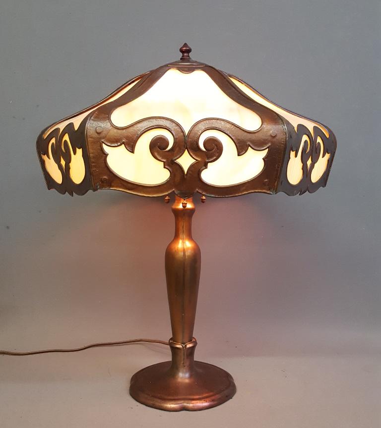 Circa 1920 Signed (Handel) Carmel Slag Glass Table Lamp- has original Hubbel sockets with acorn (1 of 10)