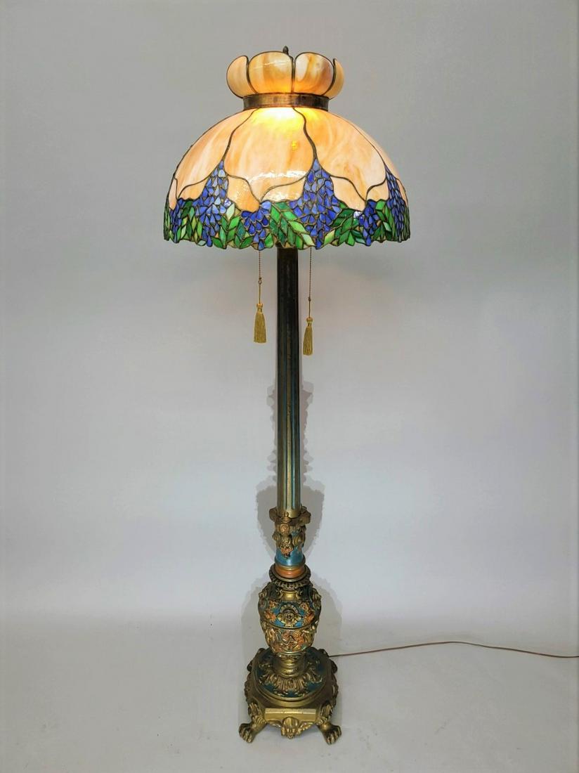 Circa 1920's Leaded Glass Floor Lamp w/ Unique Co. grape & carmel shade. Resting upon a ornate cast (1 of 8)