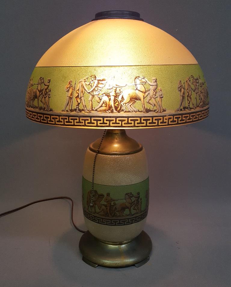 Circa 1920's Signed Pittsburgh Classic Decorated Glass Table Lamp - hgt 21" dia. 14". All glass in (1 of 7)