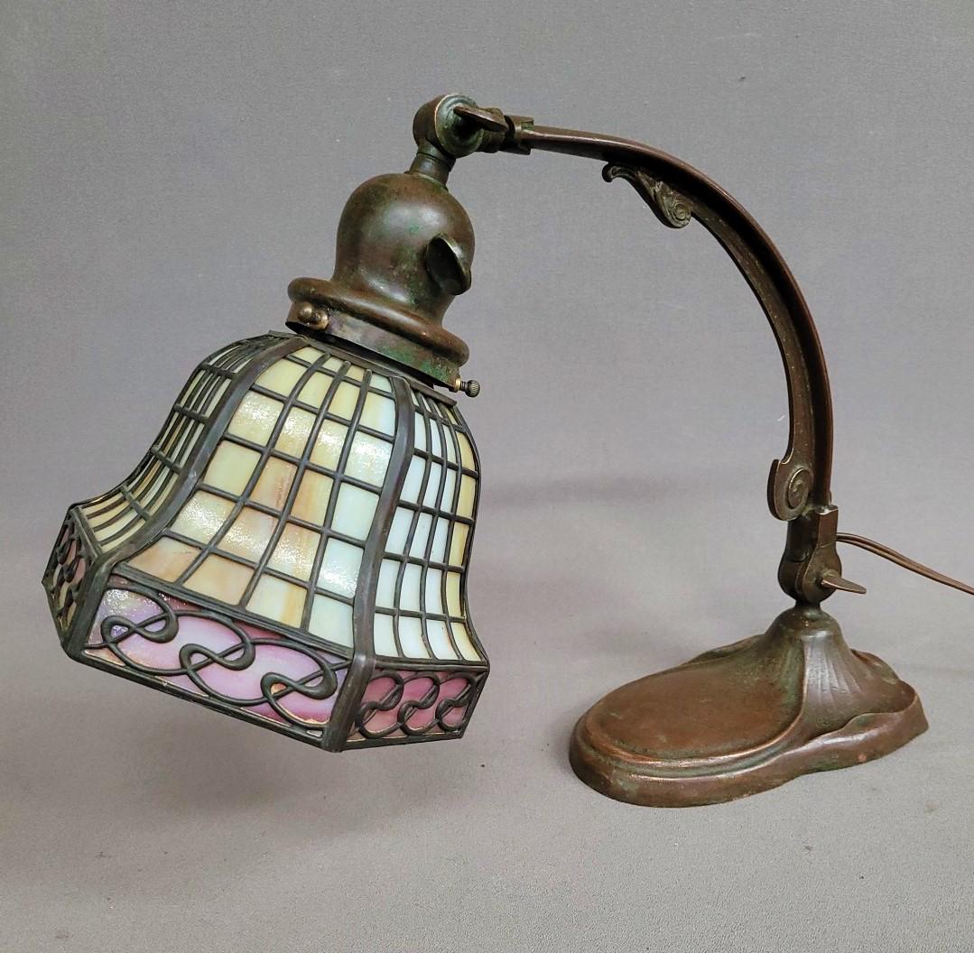 Handel Bronze Desk Lamp with Slag Glass Shade - circa 1920's.  Signed on shade. Handel. Hgt 13.5" w (1 of 5)