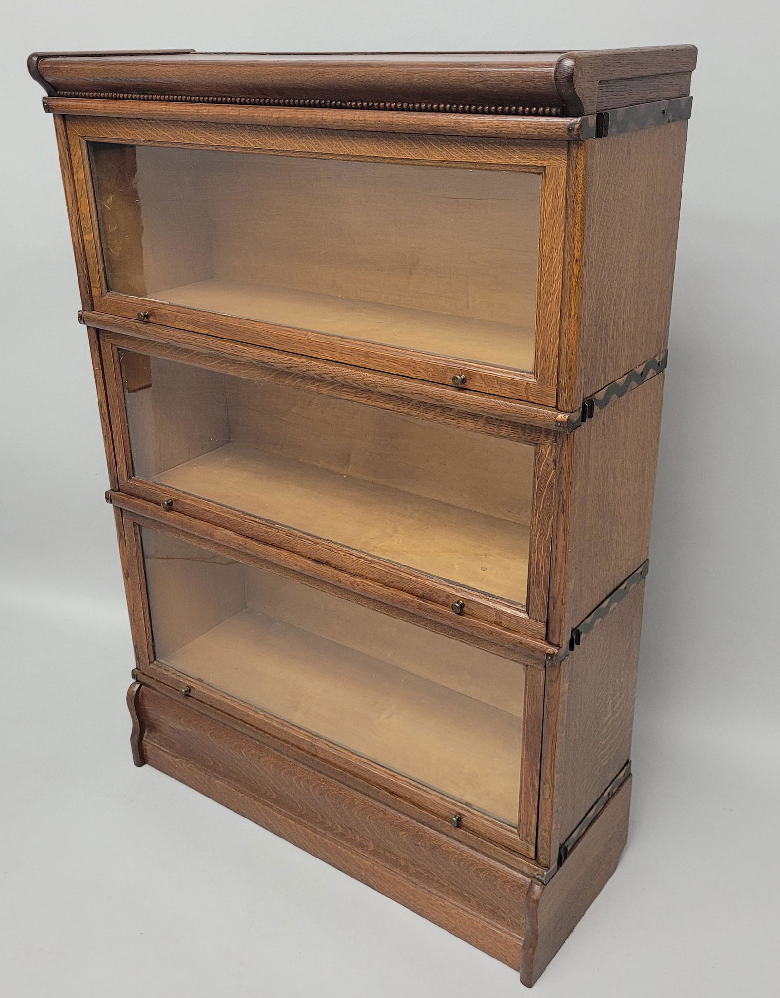 Circa 1900 Signed Macy 1/4 cut Oak 3 high Stacking bookcase - hgt 49" w 34" d 12". Very good over (1 of 4)