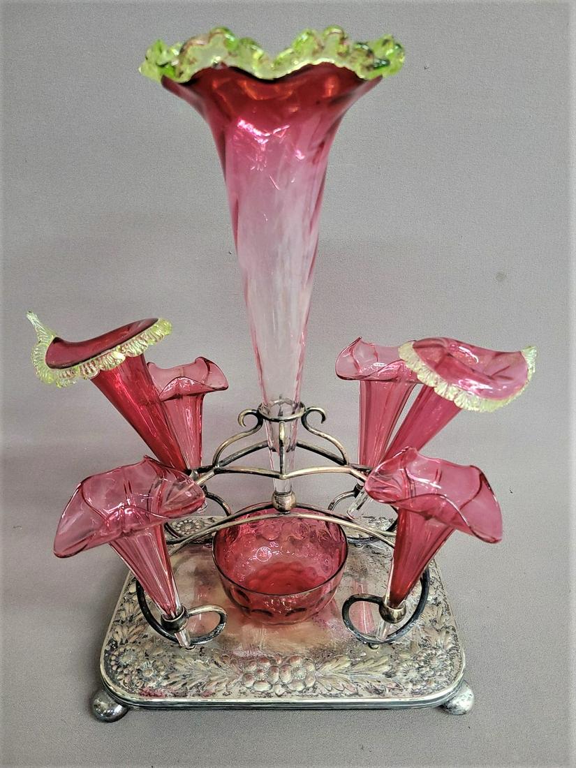 Circa 1890 Hallmarked Cranberry & Vaseline Epergne mounted in silver plate base. All the glass in (1 of 5)