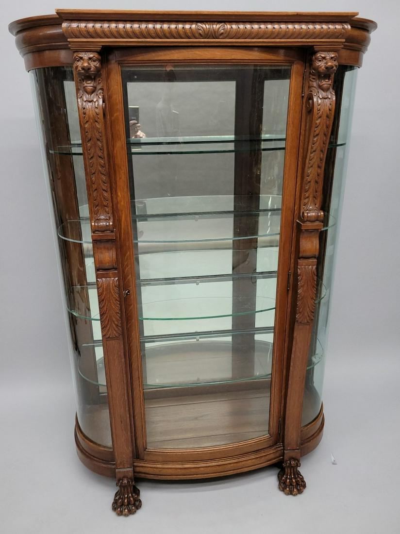 Quality Lion Head Oak Curved Glass China with Claw Feet and full mirror back. Heavily carved (1 of 6)