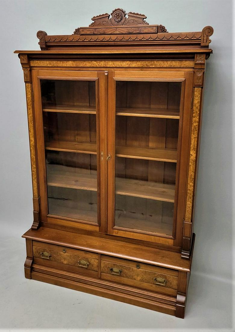 Circa 1870's Burl Walnut 2 Door Victorian Bookcase / Curio American made.  Has very good Eastlake (1 of 4)