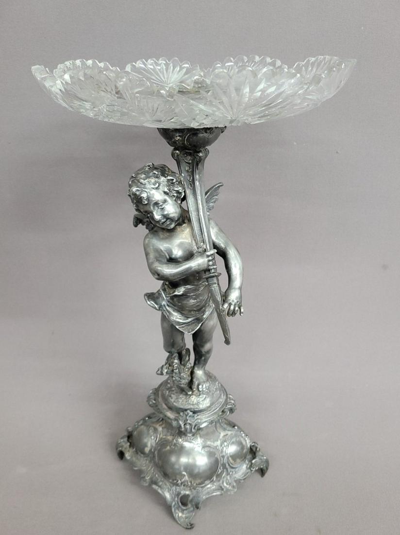 Circa 1900 Silver Plate Putti holding a cornucopia, fitted with a pin wheel cut glass dish and (1 of 5)