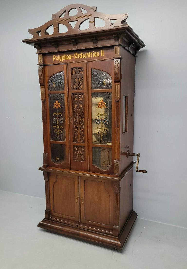 Polyphon Orchestrion 2 Upright Music Machine - hgt 100" w 47" d 30"- Made in 1907. Mechanical: Polyphon Orchestrion 2 Upright Music Machine - hgt 100" w 47" d 30"- Made in 1907. Mechanical stringed instrument with vibrating hammers & self acting play of piano. Found in Superior WI estate. Good 