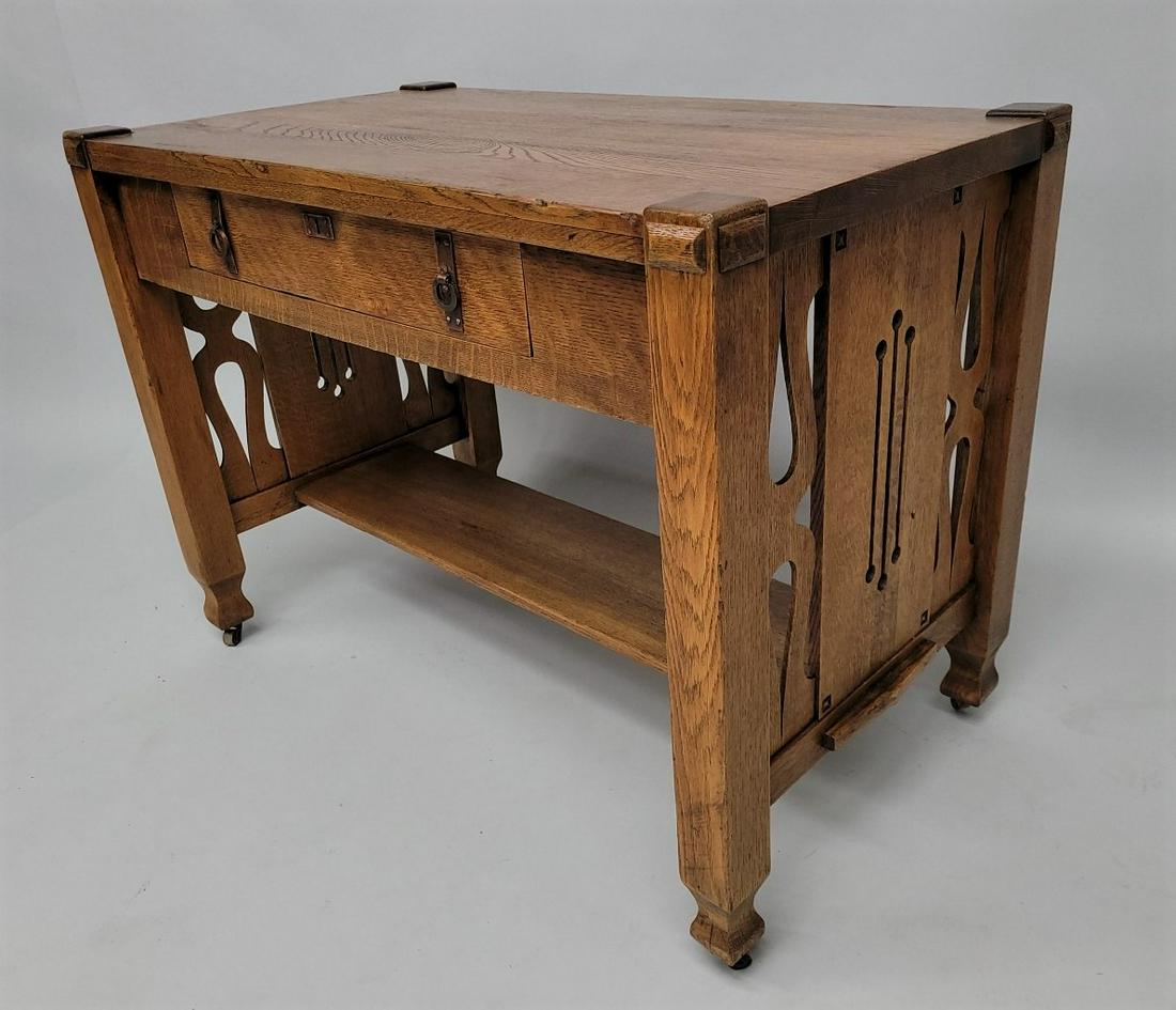 C 1900 1/4 Cut Oak Arts&Crafts Mission Library Table with interesting cut design end & interesting (1 of 5)