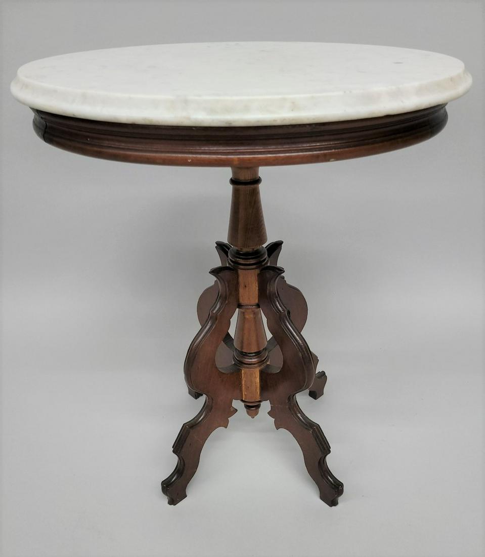 C 1870 American Walnut & Chestnut Oval Marble Top - w 22" d 17.5" hgt 28". Very good original: C 1870 American Walnut & Chestnut Oval Marble Top - w 22" d 17.5" hgt 28". Very good original condition. Marble clean. Found in Superior WI estate.