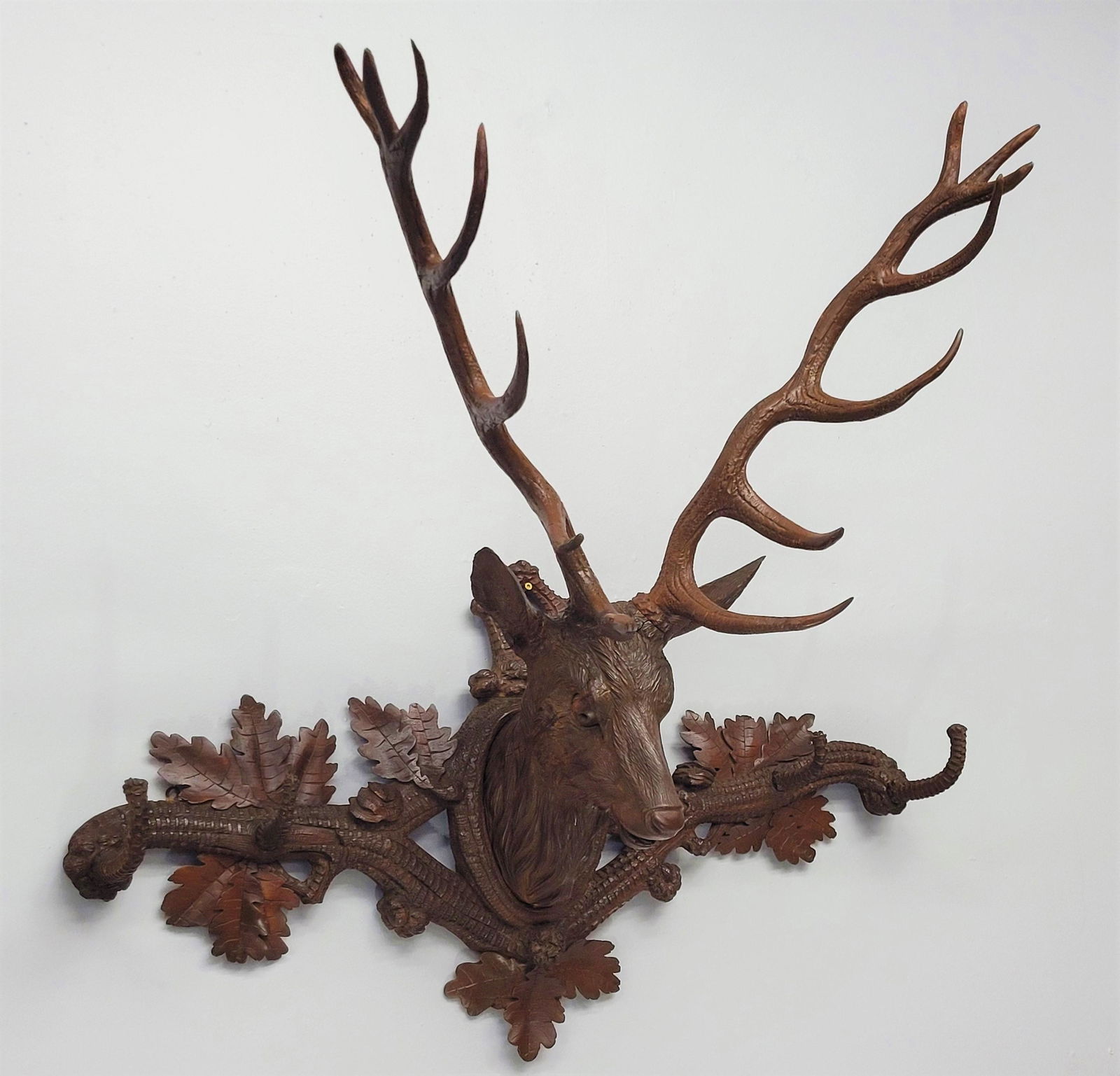 Large Carved Black Forest Elk Head with Carved Hooks circa 1880's - width 42" hgt 38" depth 26". (1 of 13)