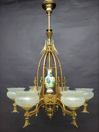 C 1880's Aesthetic 6 Arm Gas Chandelier / Gasolier w/Longwy Butterfly Center D&#233;cor. Has 6