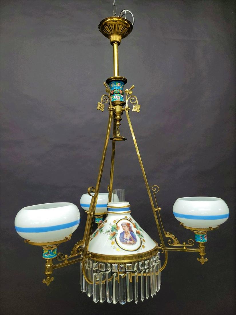 C 1880's Aesthetic  3 Arm Gasolier/ Chandelier  w/longwy décor & Sandwich Shade - 12" period (1 of 9)