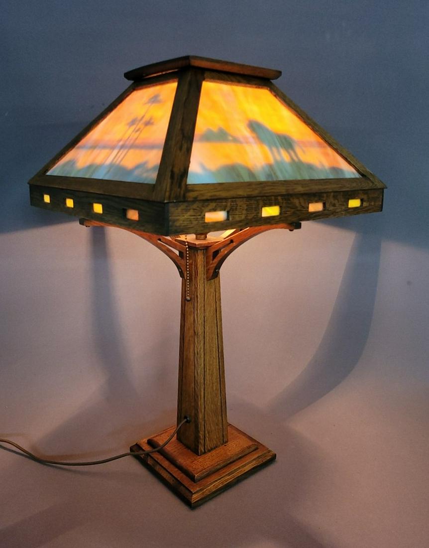 Rare Oak Mission Lamp with painted Elk, Lion, & Tree scenes - Circa 1920's - very unique having (1 of 10)