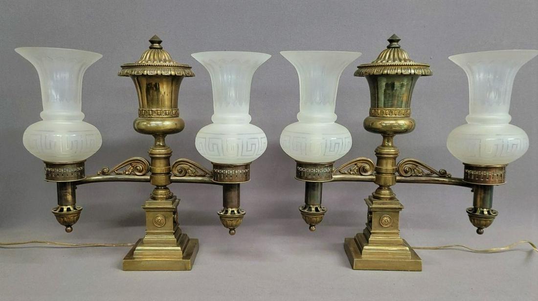 Pair of 1840's Double Argand Lamps  with cut glass shades - hgt 18" w 17.5" d 9". Very good (1 of 6)
