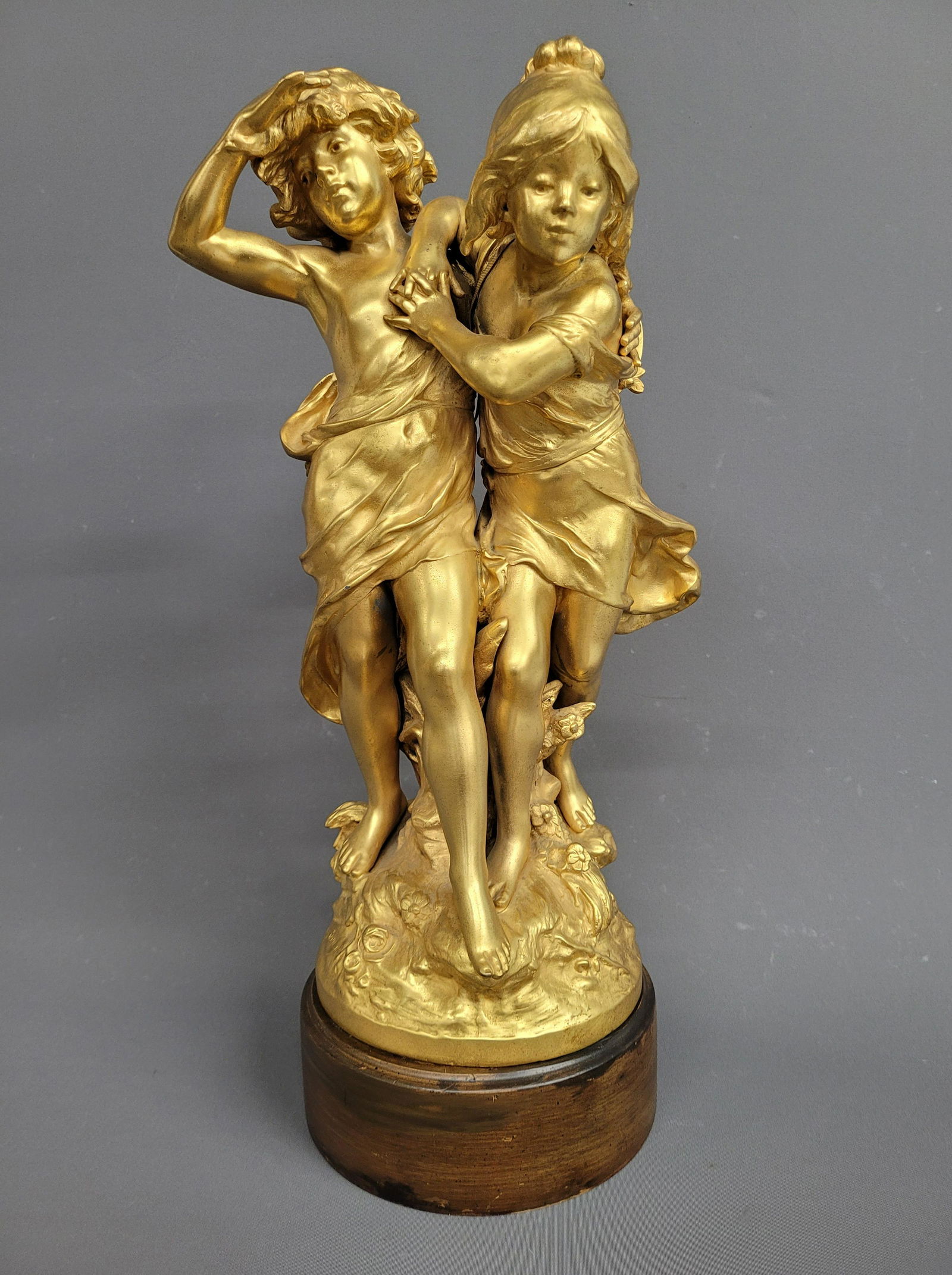 Circa 1900 Gilt Bronze figural statue of Frolicking Children signed Aug. Moreau,  hgt 23" w 10" hgt (1 of 6)