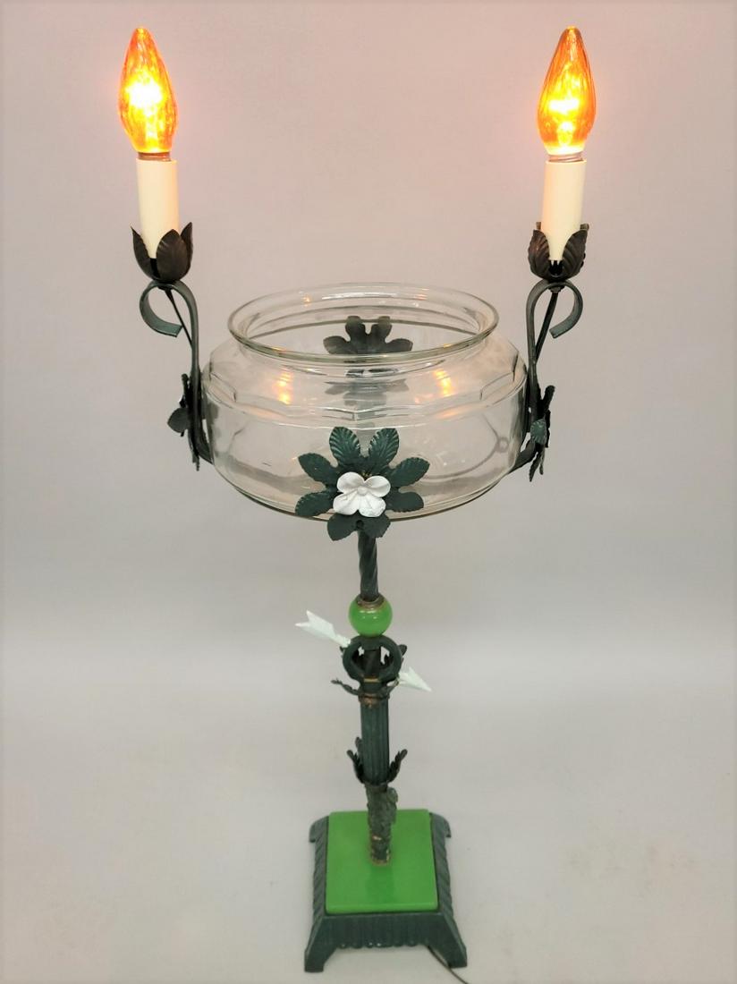 Circa 1920's Iron & Green Glass Fish Bowl 2 light Lamp - Has cast  & wrought iron floral decoration (1 of 4)