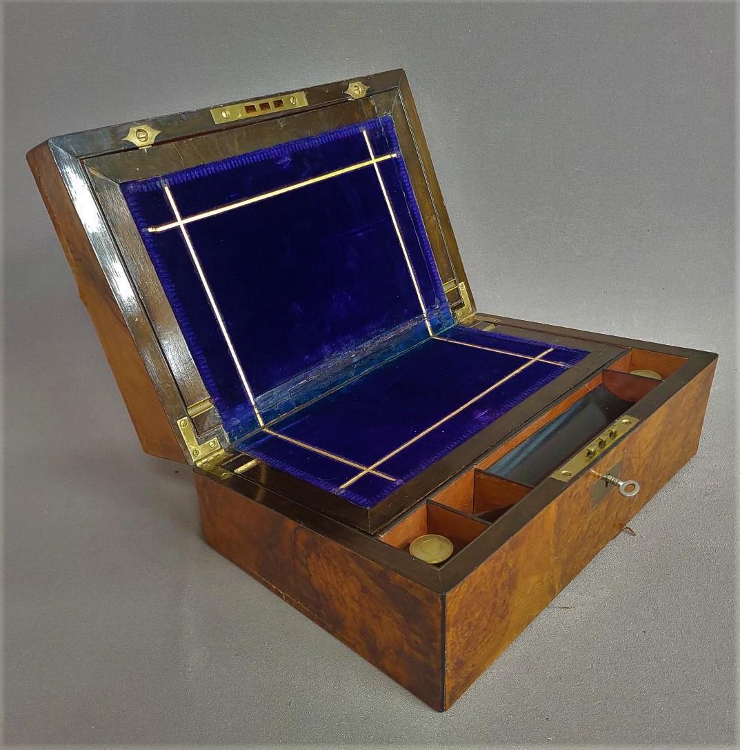 Circa 1880's Great Burl Walnut  Lap Desk with 2 ink well included,  exotic wood interior with (1 of 7)