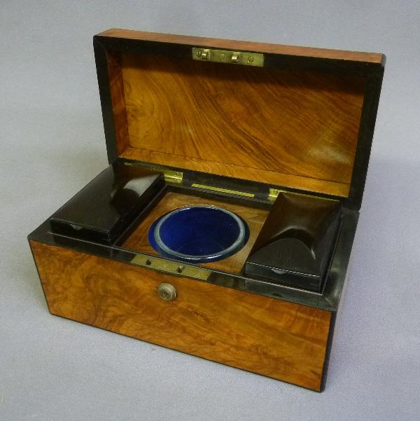 C 1840's English Regancy Amboyna Burl Wooden Tea Caddy with 2 removable Ebony lift lid tea storage (1 of 8)